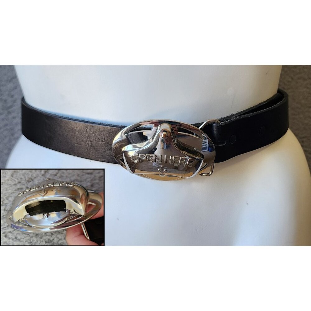 Tony Lama Black Size 42 Belt With Bottle Opener "Open Here" Belt Buckle USA Made